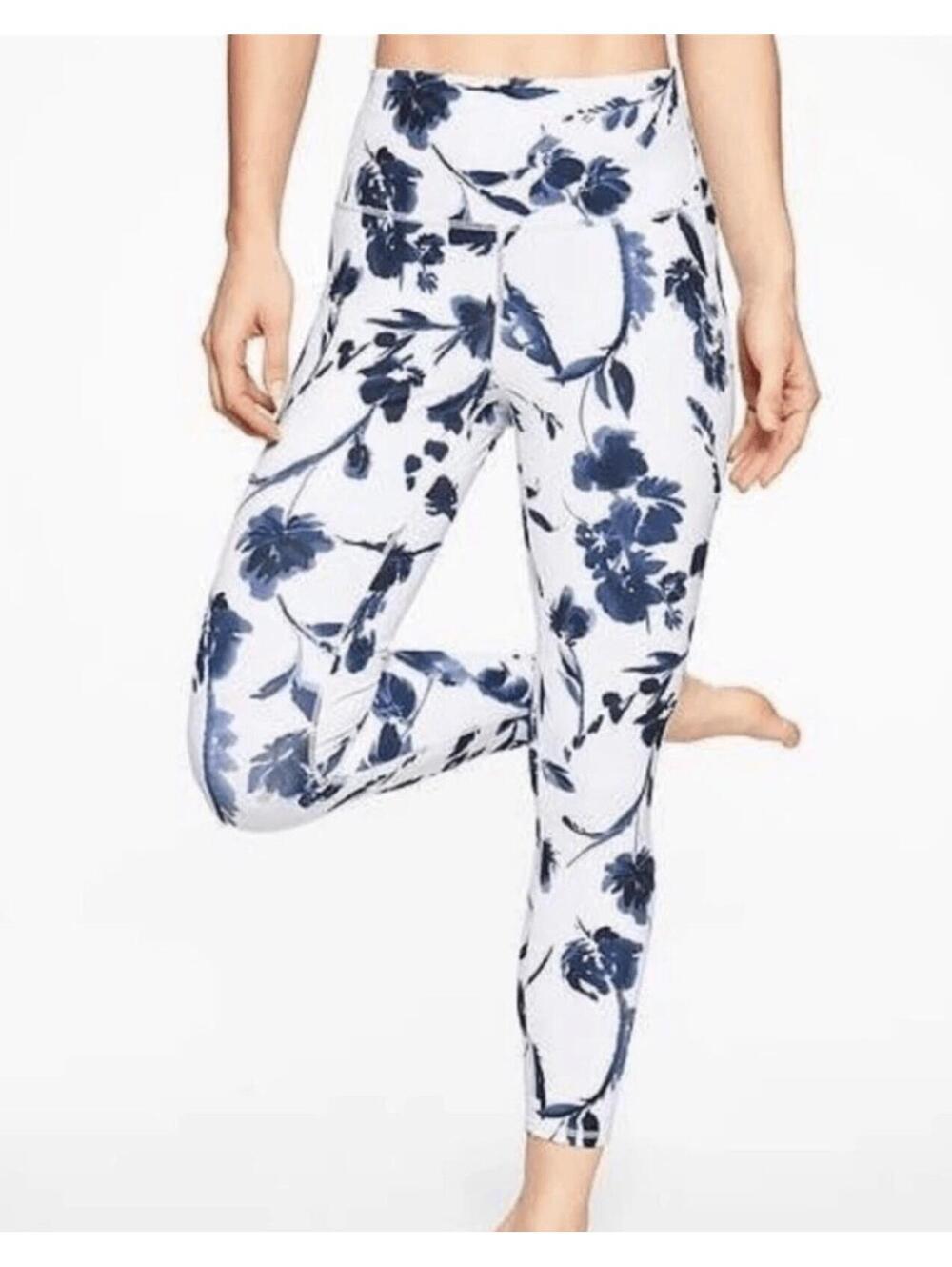 Athleta Women M White Blue Water Flower 7/8 Tight Waist Pocket Athletic Yoga